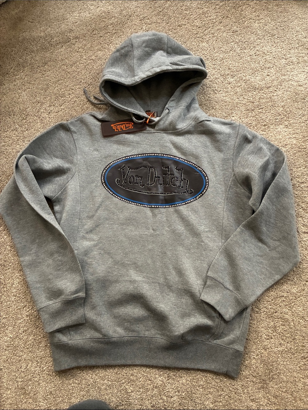 Von Dutch Gray Hooded Sweatshirt with Oval Logo Patch with Rhinestones